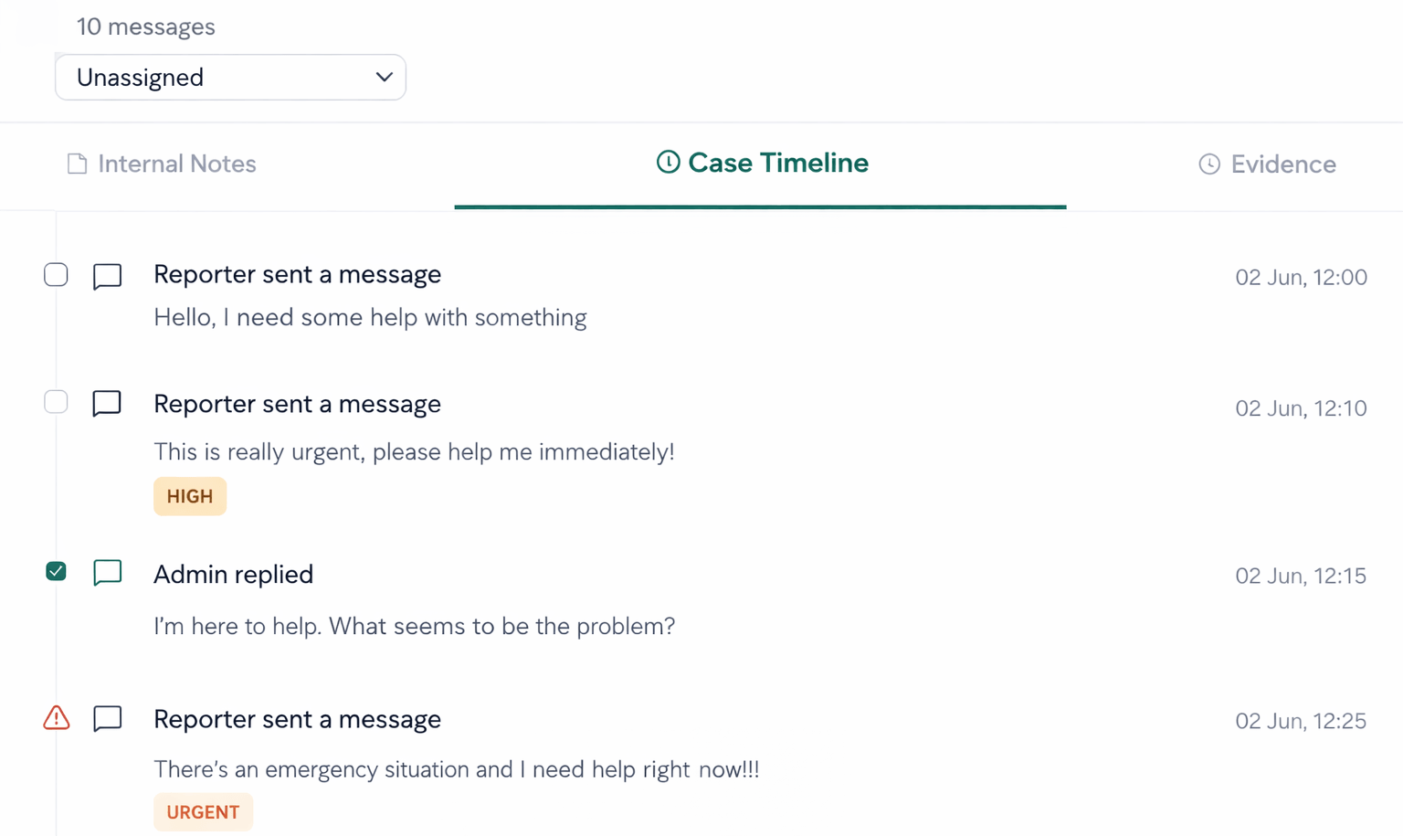 Admin case timeline with urgency flags