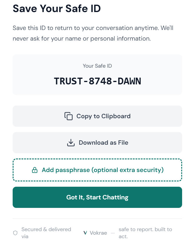 Reporter Safe ID screen